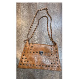 Brown Studded Shoulder Bag Chain Strap Silver Hardware Women Rectangle Classic